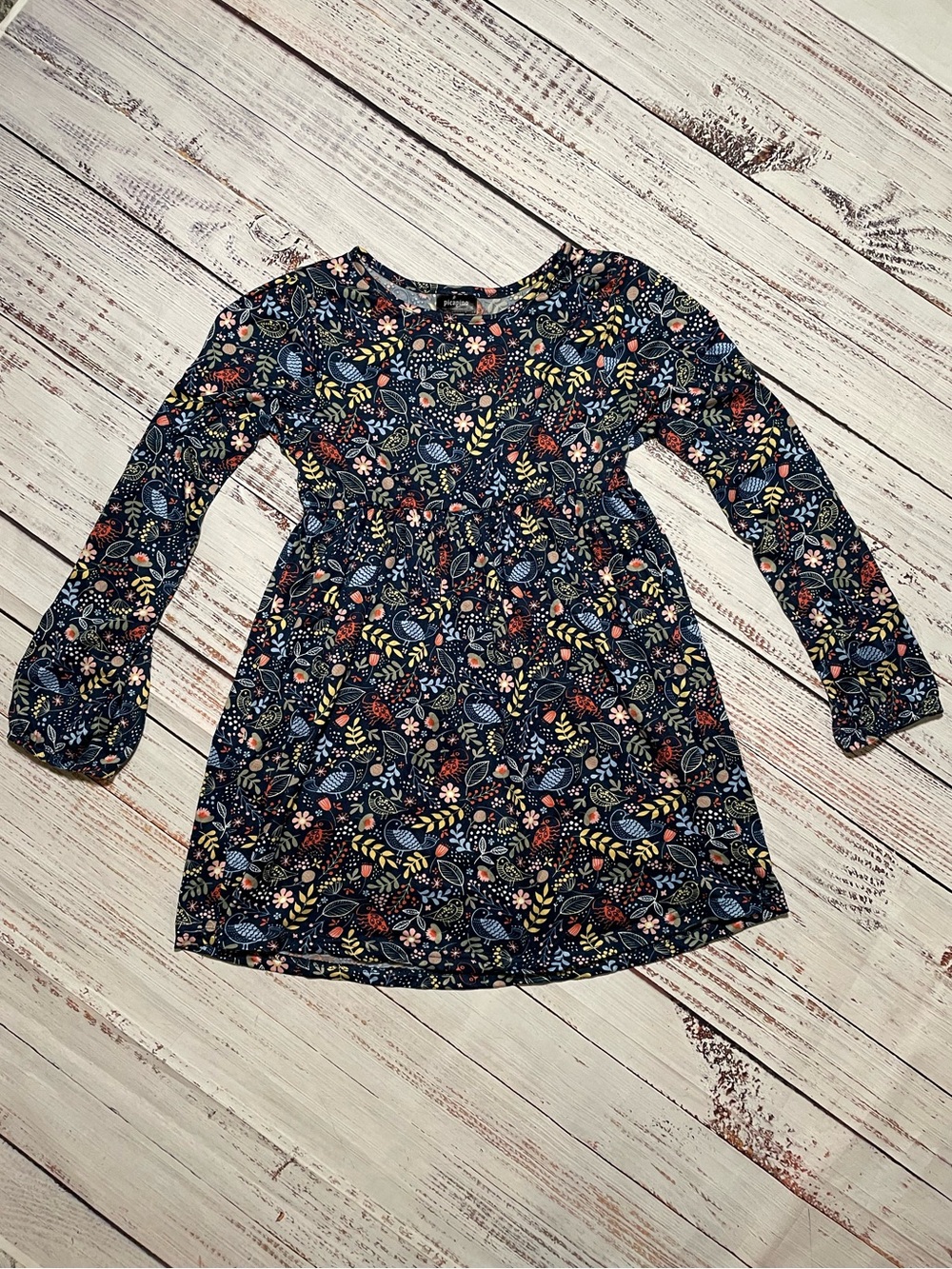 Picapino Girls' Navy Floral Woodland Long-Sleeve Dress. Size 12